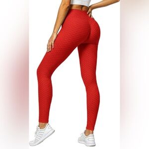 Red Textured High-Waist Leggings
